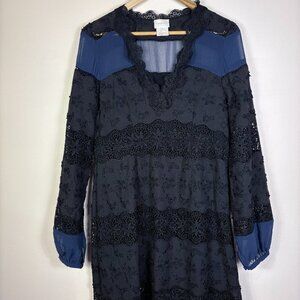 Foxiedox Anthropologie Black Blue Floral Lace V-Neck Long Sleeve Dress